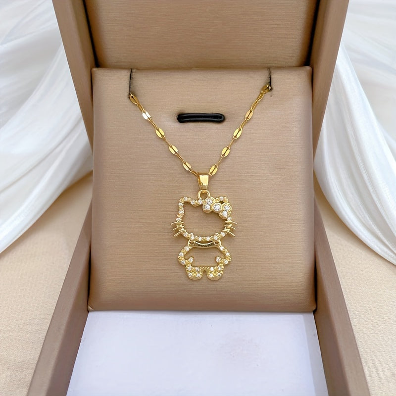 [Hello Kitty Charm Necklace] Sanrio for hello kitty Charm Necklace - Elegant Titanium Steel Lockbone Chain with Sparkling Cubic Zirconia Pendants, Perfect for Daily Wear & Special Occasions, Ideal Valentine's Day Gift, Casual