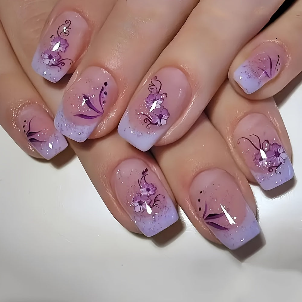 24pcs Square Press-On Nails - Purple Floral Design with Lavender to Pink Gradient, Medium Length Glossy Fake Nails for Women & s, Elegant Spring-Inspired Nail Art for Casual Attire or Special Occasions, Nails Accessories, Dec