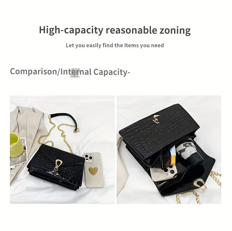 Pink Snake Print Crossbody BagFor Women, Stylish Women's Crocodile Pattern Handbag - Black Shoulder Bag With Detachable Strap Golden-Tone Hardware & Chain Strap, Crossbody Bag Purse Christmas Bags For Gifts Christmas Gift Bag