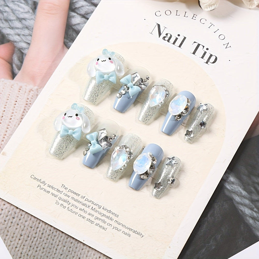 [Playful Nail Design] 24pcs Sanrio Cinnamoroll Press-On Nails | Silvery Glitter, Ballet Style, Full Cover, Glossy Finish, Cartoon Design, Medium Length, ABS Material, Manicure & Pedicure, Nail Art Accessories