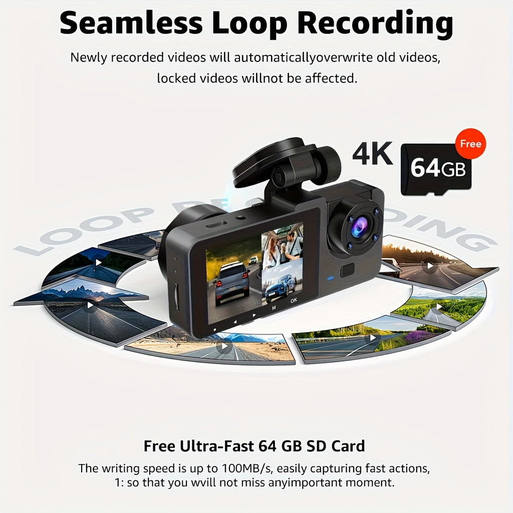 Front 4K/ Built- 1080P Three-Channel Front and Rear Built-in Dash Cam, Full HD Car DVR with Infrared Night Vision Function, Loop Recording, Includes 32/64GB SD Card, WDR, 24-Hour Parking Mode - Birthday Gift YX15, Road Trip C