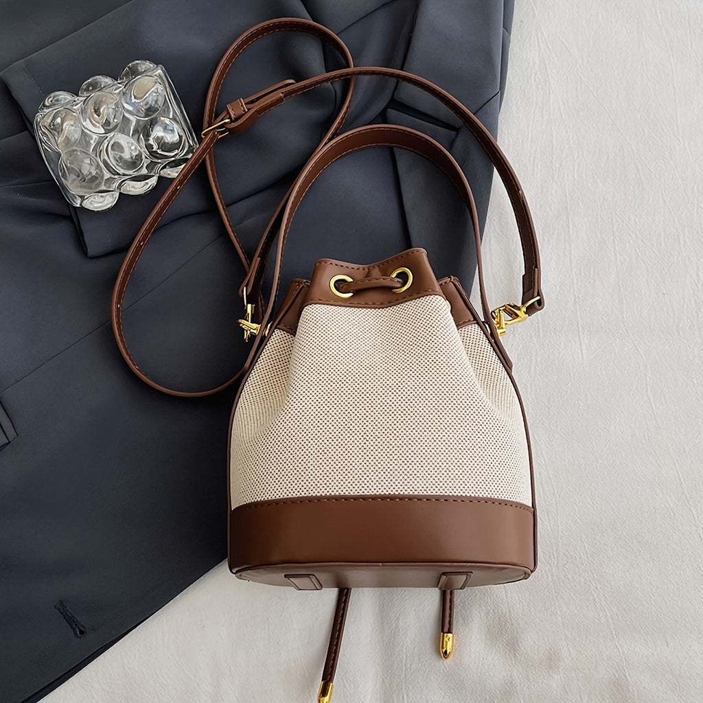 Wo 's Bucket Bag with Braided Rope Closure - Beige & Brown Casual Handbag, Detachable Strap for Shoulder   or Hand Carry, Spacious Everyday Tote for Work & Outings