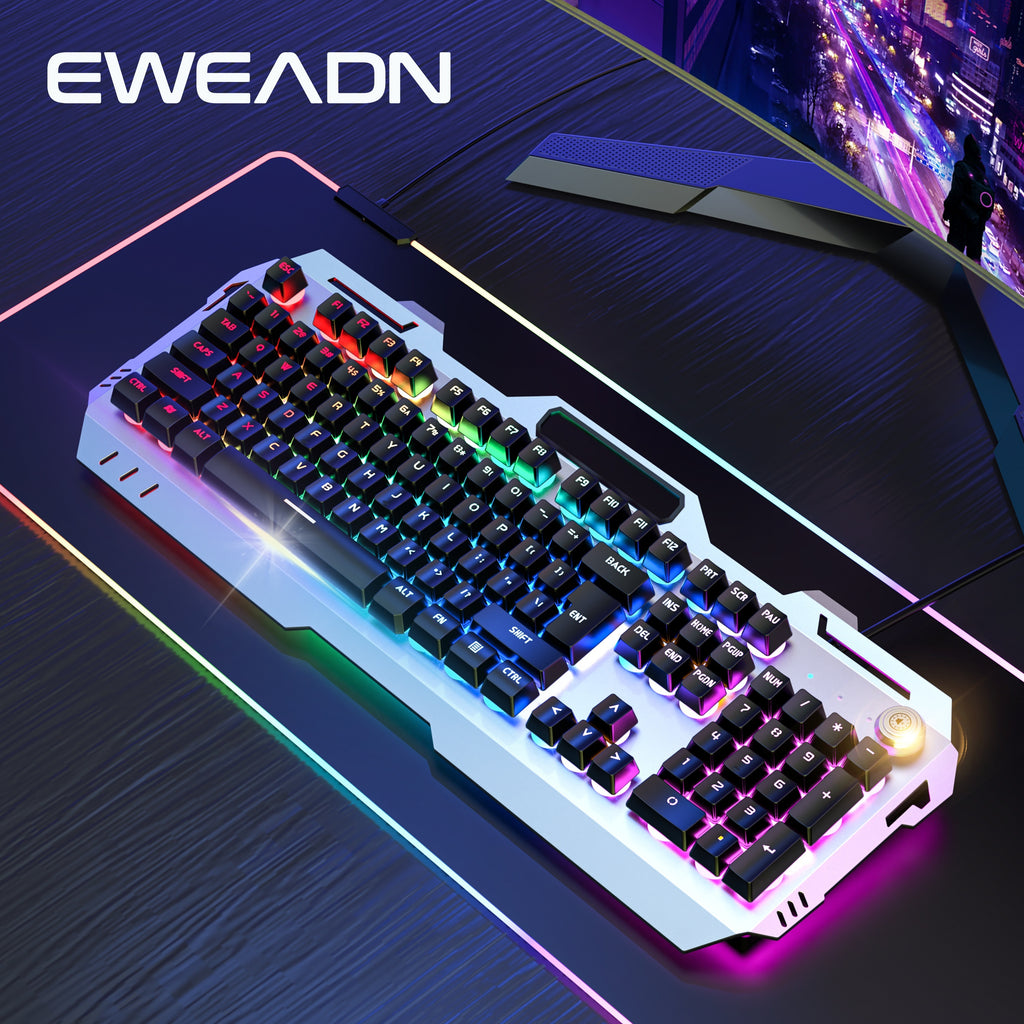 [EWEADN LED Gaming Keyboard] EWEADN 104 Keys LED Backlit Wired Gaming Keyboard - Ergonomic Silent Design, Adjustable Volume Knob, USB Powered, for Desktop & Notebook Computers, Office Accessories