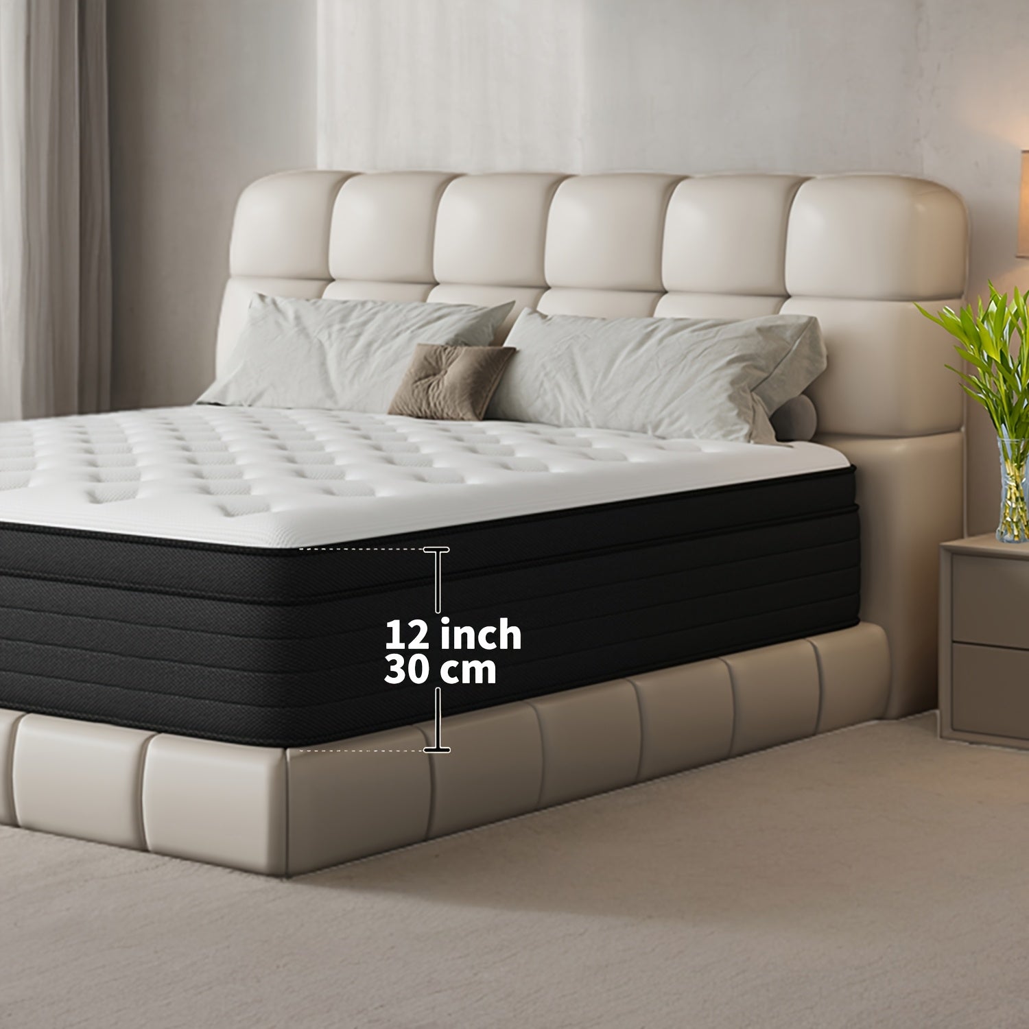 Memory Sponge Mattress, Soft, Comfortable And Healthy, 12 Inch, Black And White Splicing Style, with Built-in Springs, Christmas Gift