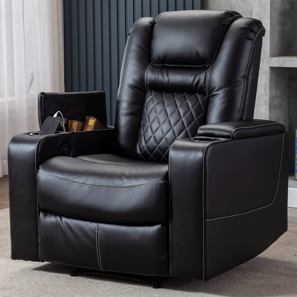 Power Recliner Chair, Heavy-Duty Frame & Soft Faux Leather Upholstery, Hidden Storage & Easy Operation, Compatible with Plug, Black, Modern Lazy Boy Sofa for Home Theater Seating, Easy Assembly