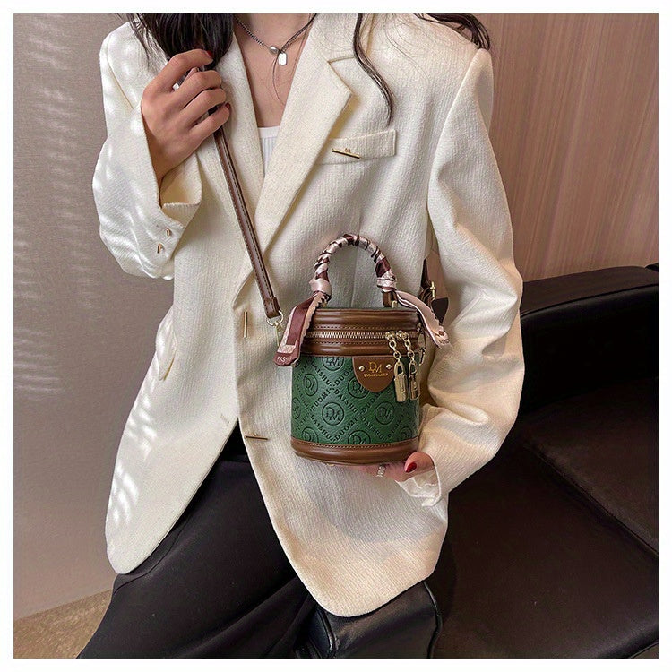 Chic Green Bucket Bag for Women - Stylish Crossbody with Golden-Tone Hardware, Zipper Closure, and Checkered Bow Accents - Perfect for Casual or Formal Outfits, Casual Accessory | Checkered Bow Accent | Zipper Closure Bag