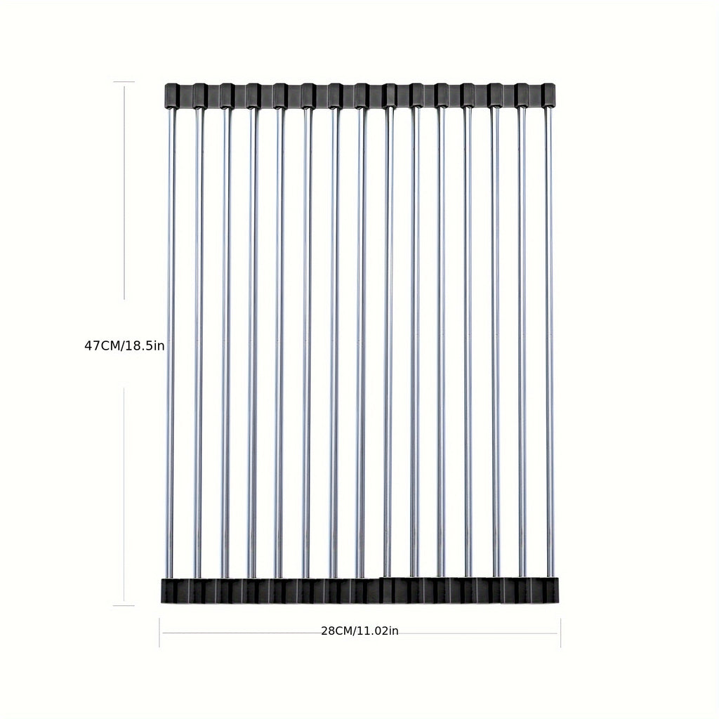 1pc Deluxe Roll-Up Stainless Steel Dish Drying Rack - Space-Saving Over-The-Sink Design, Portable & Anti-Rust, Easy to Clean Kitchen Sink Organizer for Small Spaces, Dish Drying Rack for Kitchen Counter, Sleek Metallic Finish