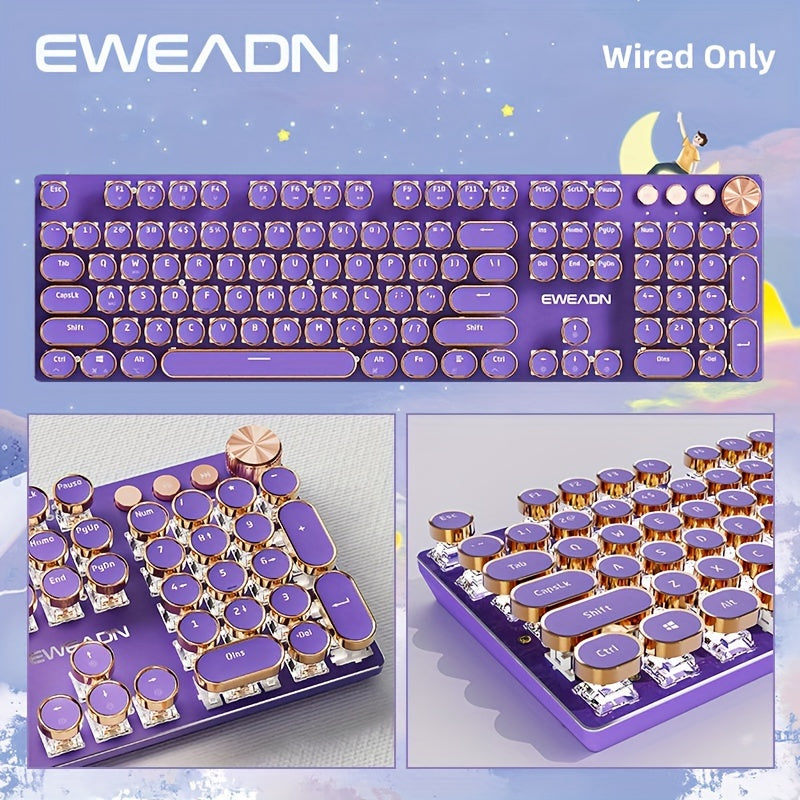 [Retro Typewriter Keyboard] EWEADN V20 Retro Typewriter Mechanical Gaming Keyboard | Full Size 104 Keys, Purple & Golden Vintage Design, LED Backlit, Pink Switches, Ergonomic Anti-Splash, Multimedia Knob, USB Wired for PC/Lap