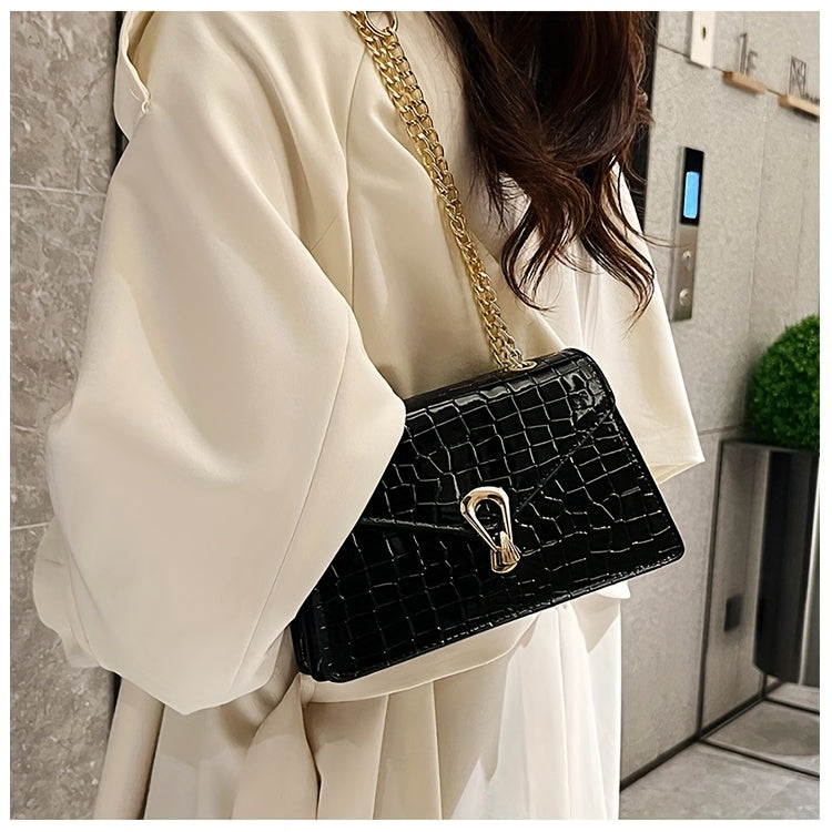 Pink Snake Print Crossbody BagFor Women, Stylish Women's Crocodile Pattern Handbag - Black Shoulder Bag With Detachable Strap Golden-Tone Hardware & Chain Strap, Crossbody Bag Purse Christmas Bags For Gifts Christmas Gift Bag