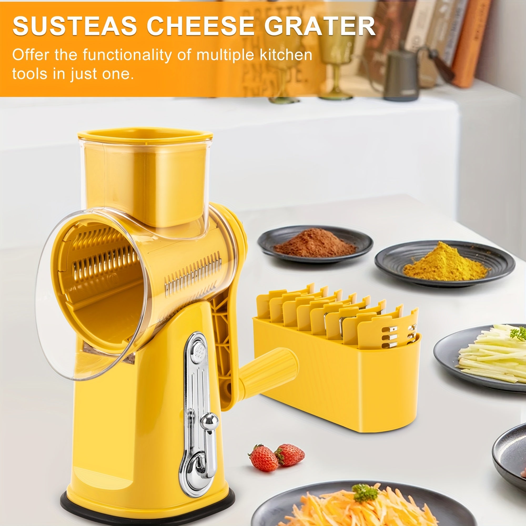 Rotary Cheese Grater With Handle - Vegetable Shredder With 5 Well-designed Blades & Strong Suction Base, Round Mandoline Slicer & Food Chopper For Kitchen, With Blade Storage Box(Beige, Retro Green)
