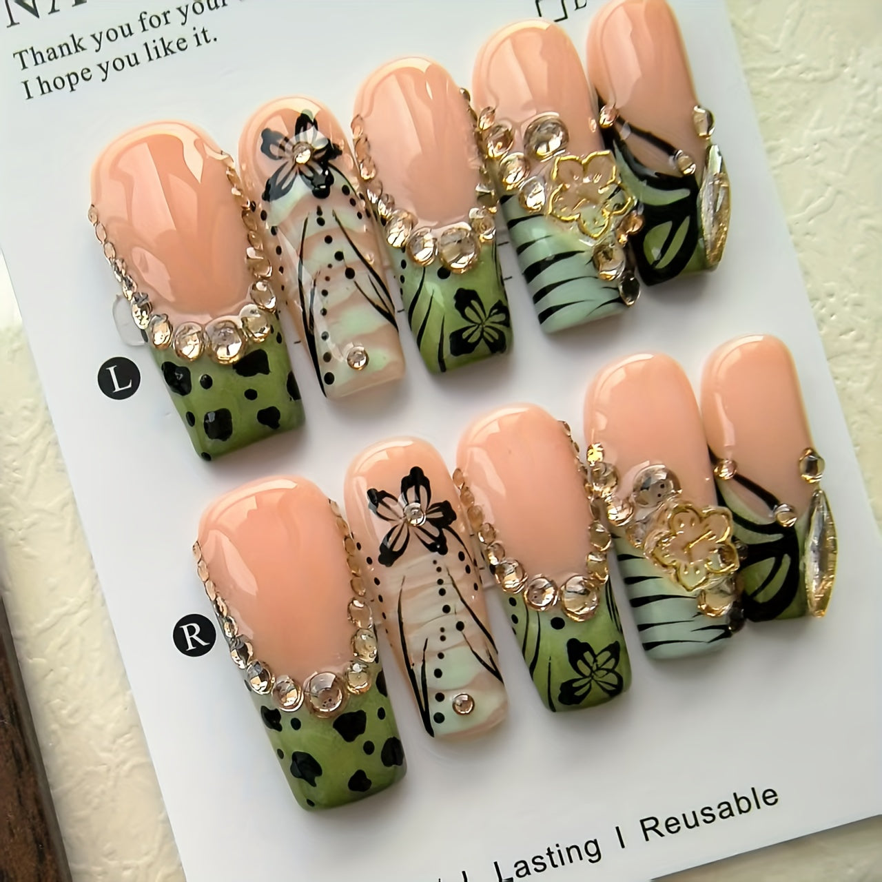 10pcs Handmade Press On Nails Green French Tip Fake Nails with Leopard Zebra Print Design, 3D Butterfly Rhinestone Stick On Nails, Glossy Long Coffin False Nails for Women Girls
