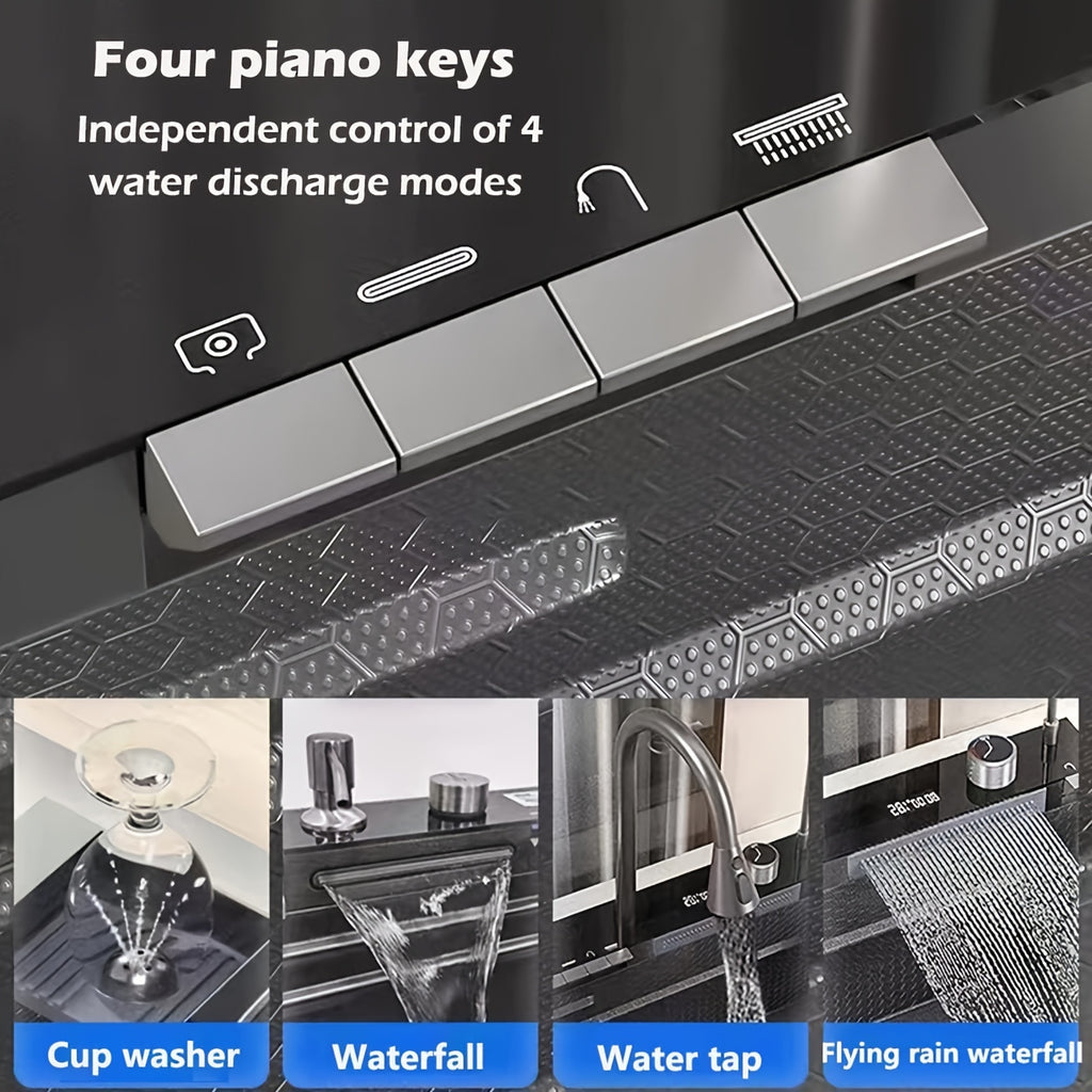 Digital Display Waterfall Sink, Single Bowl Kitchen Sinks, Stainless Steel Bar Sink With Pull Down Sprayhead Faucet, Smart Modern Kitchen Sink, Full Set Of Accessories, Gun Gray & Brushed Golden, 1 Set