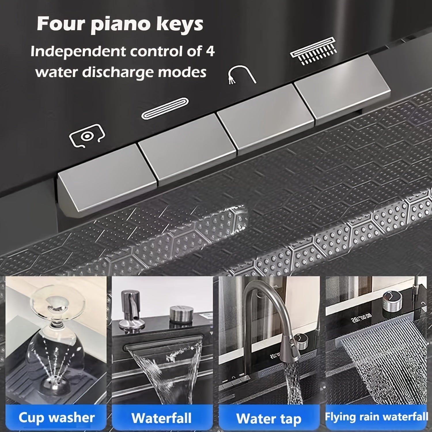 Digital Display Waterfall Sink, Single Bowl Kitchen Sinks, Stainless Steel Bar Sink With Pull Down Sprayhead Faucet, Smart Modern Kitchen Sink, Full Set Of Accessories, Gun Gray & Brushed Golden, 1 Set