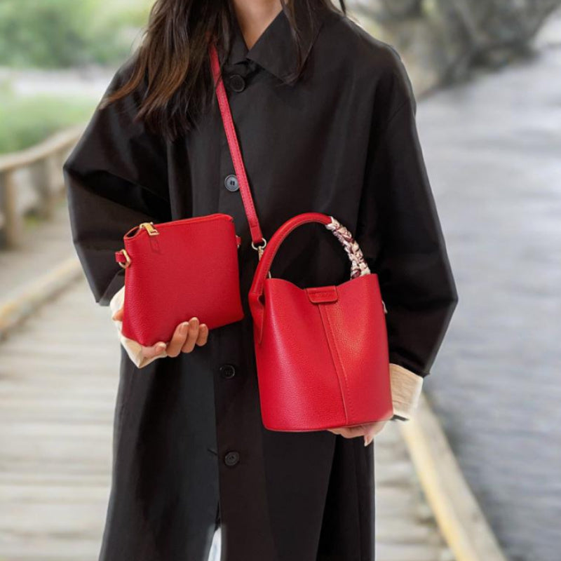 Designer Fashion Red Bucket Bag for Women, Spring/Summer, Solid Color, Magnetic Closure, Hand Wash, with Lining, Messenger Shoulder Bag