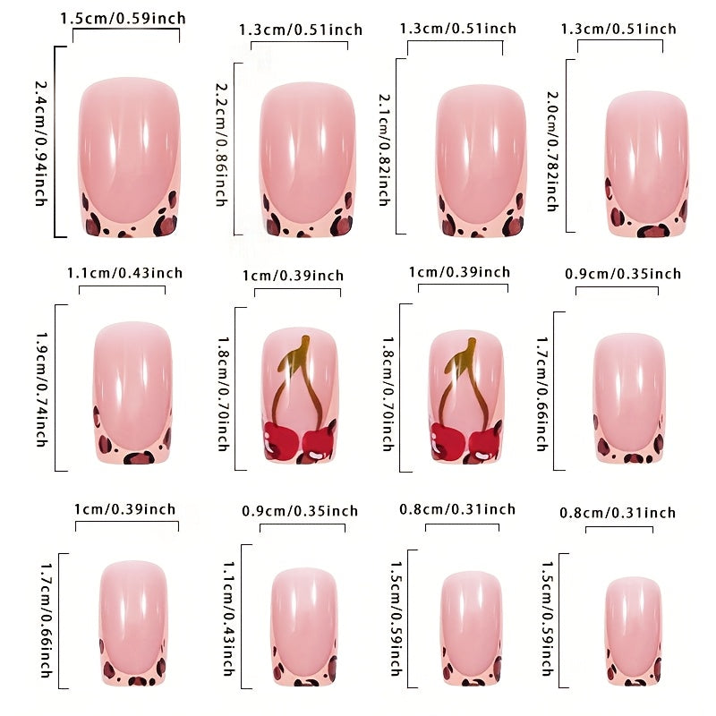 Leopard Print Short Press-On Nails for Women - Square Cherry Design, Sweet & Stylish Full Coverage Reusable Fake Nails for Autumn/Winter, 24pcs Gift Set