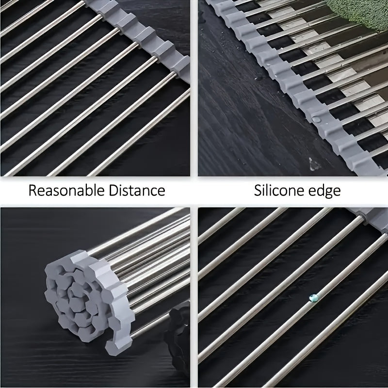 1pc Deluxe Roll-Up Stainless Steel Dish Drying Rack - Space-Saving Over-The-Sink Design, Portable & Anti-Rust, Easy to Clean Kitchen Sink Organizer for Small Spaces, Dish Drying Rack for Kitchen Counter, Sleek Metallic Finish