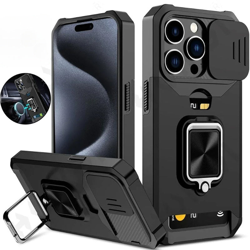 A Protective Case Suitable for Iphone 16, 15, 14, 13, 12, And 11 Pro Max And Plus Models, Featuring a Sliding Camera Slot And a Ring Stand.