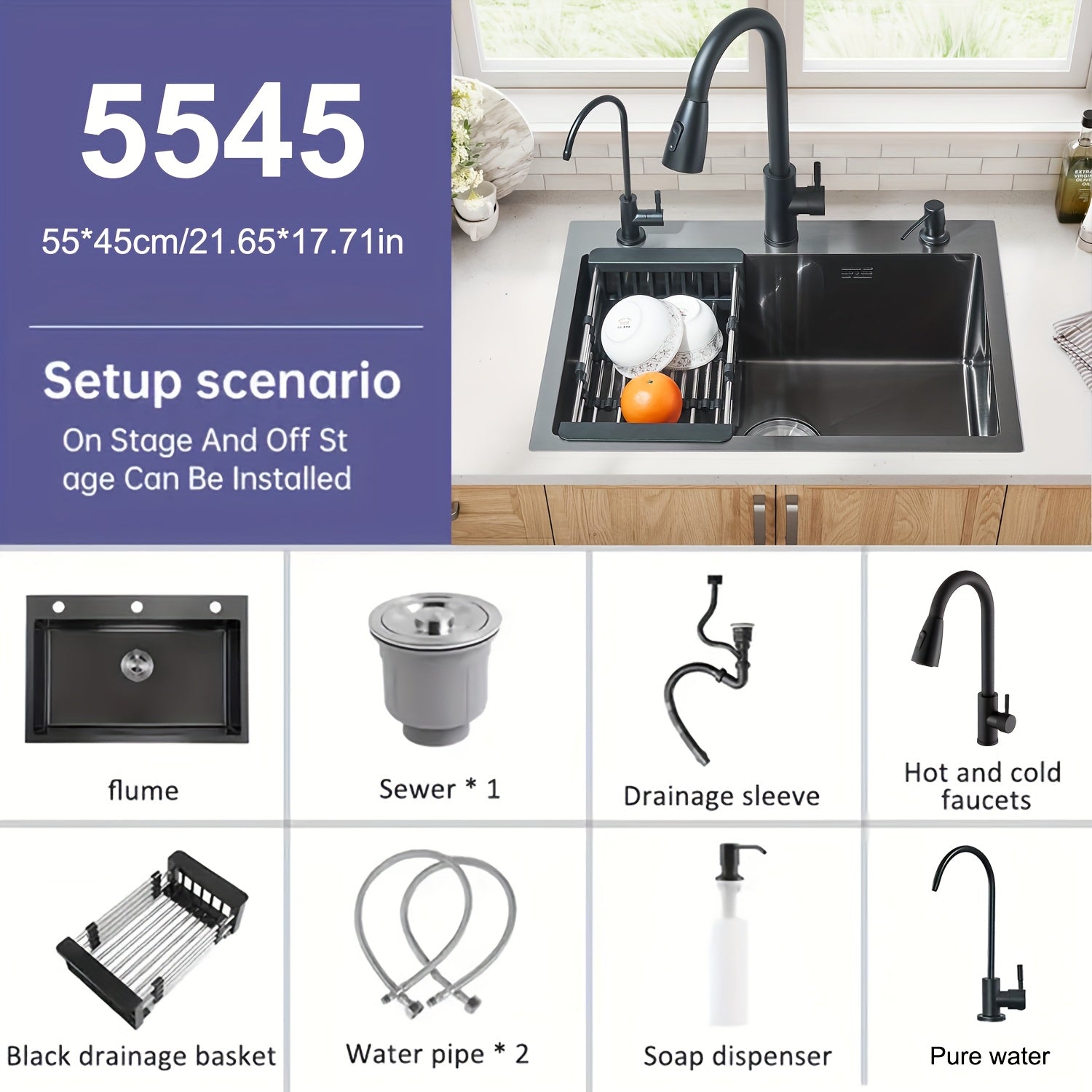 Digital Display Waterfall Sink, Single Bowl Kitchen Sinks, Stainless Steel Bar Sink With Pull Down Sprayhead Faucet, Smart Modern Kitchen Sink, Full Set Of Accessories, Gun Gray & Brushed Golden, 1 Set