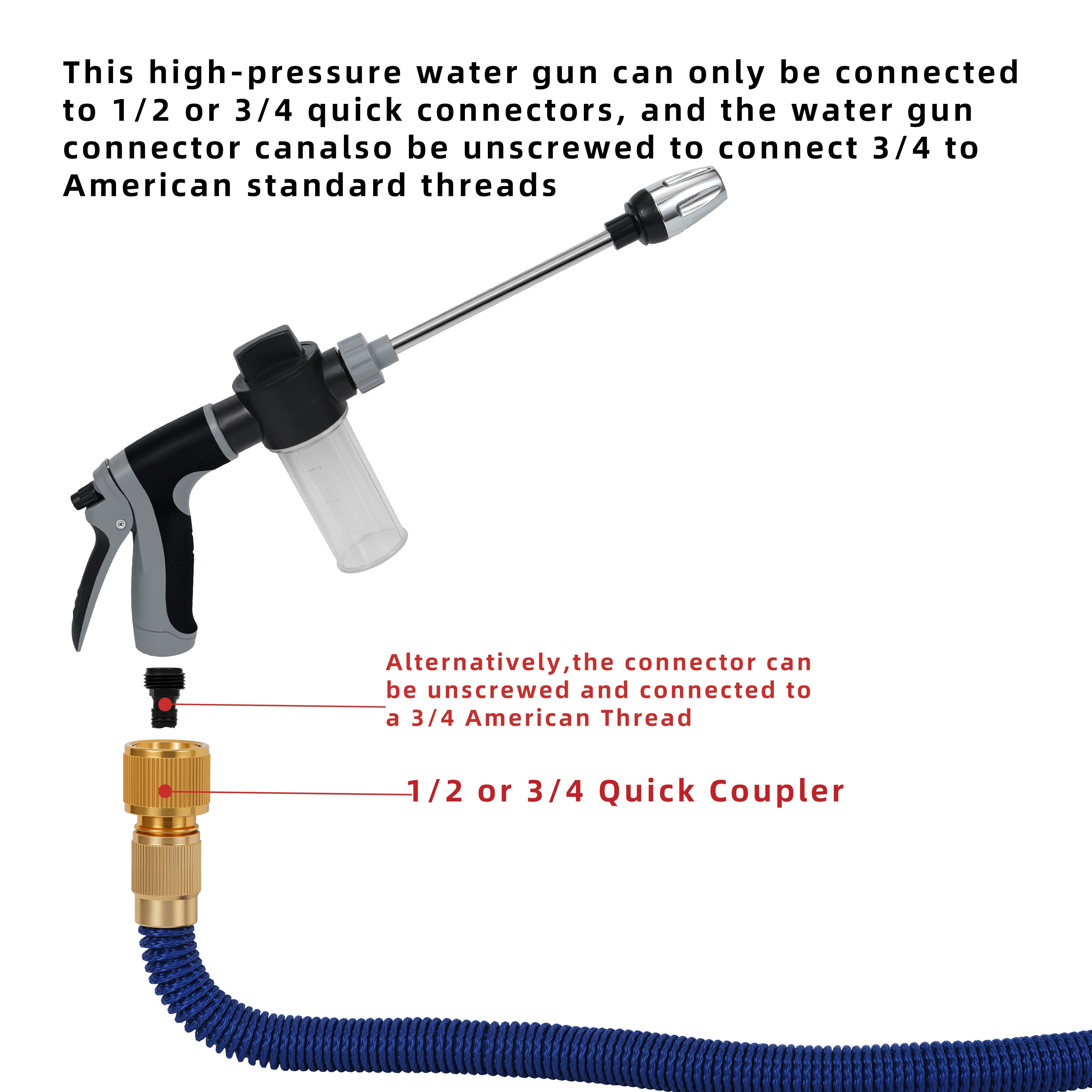 [Portable | High-Pressure] 1pc Portable High-Pressure Hose Spray Gun | Adjustable Thick Rod Spray, Multi-Functional Garden Hose Nozzle | Durable Plastic Construction, Adjustable Spray Pattern, 3/4" and 1/2" Quick Connect Adap