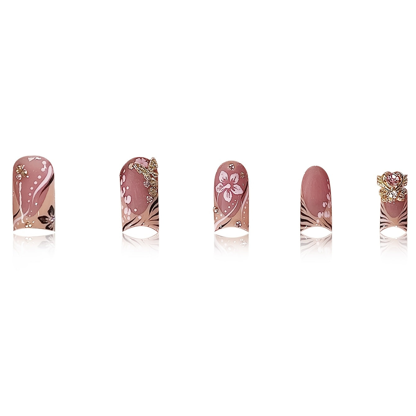 24pcs Short Square French-Style Fake Nails Set with Luxury 3D Sweet Heart Synthetic Gemstones, Elegant Golden Butterfly, and Charming Stamen Design. Suitable for All Women and. Includes Nail Buffer and Jelly Glue for Easy App