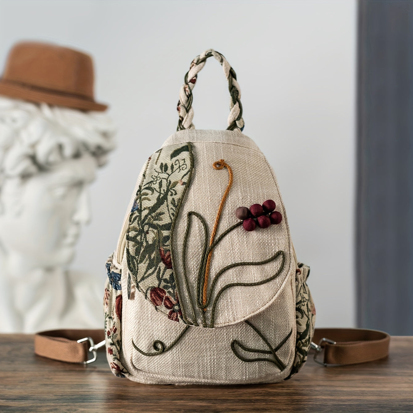 [Handcrafted Detail] Handcrafted Ethnic Style Women's Backpack with Purple Grape and Floral Embroidery, Versatile Dual-Carry Casual Travel Chest Bag, Fabric Material, Zip Closure, Polyester Lining - Ideal for Holidays and Eve