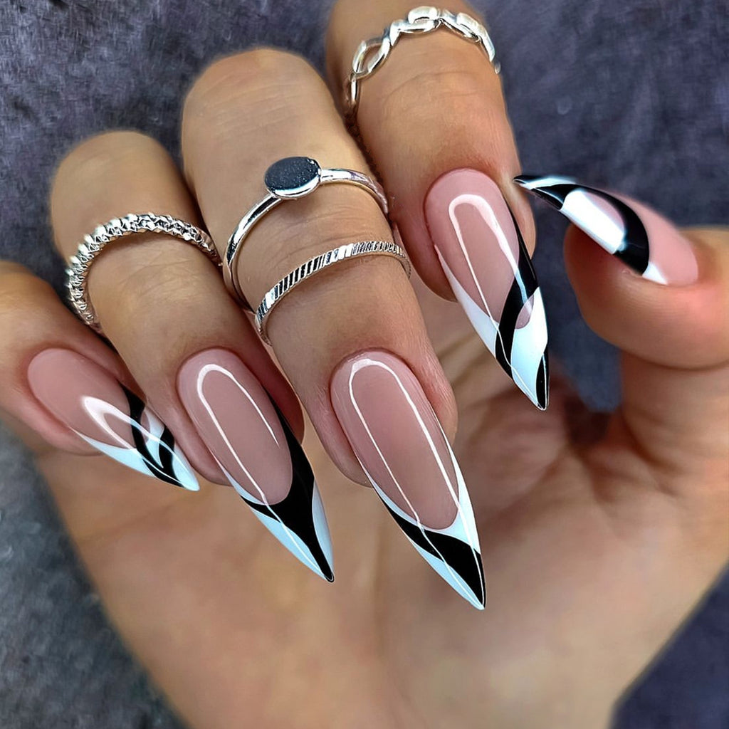 24pcs Long Stiletto Nail Tips, Black and White Minimalist French Style for Prom, Includes 1 Nail File + 1 Jelly Glue, Special Occasion Nails, Nail Art, Elegant Nails, Geometric Nail Design, Highquality Nails, Durable Tips, Pr