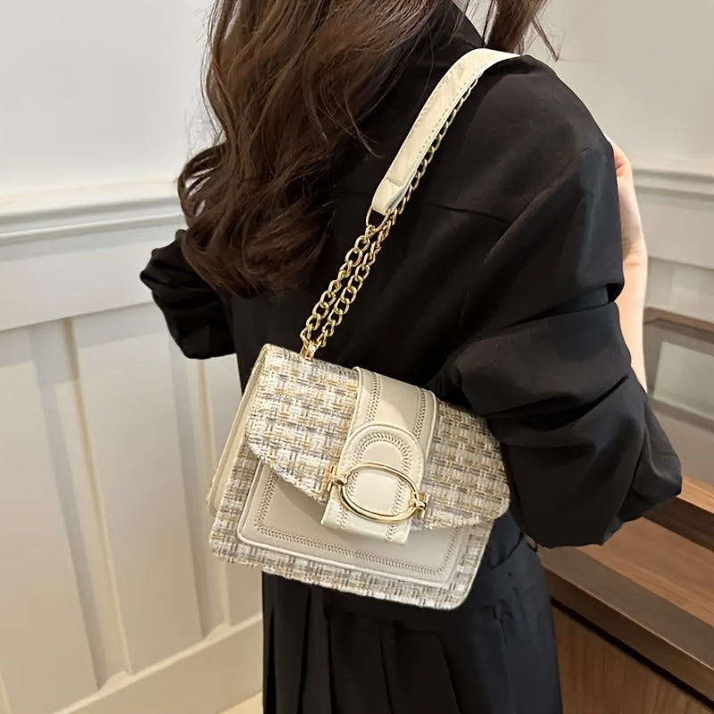 A Mini Checkered Tweed Bag with a Clasp Decoration, a Square Shoulder Bag, And a Chain Crossbody Flap Wallet, Perfect for Everyday Use.