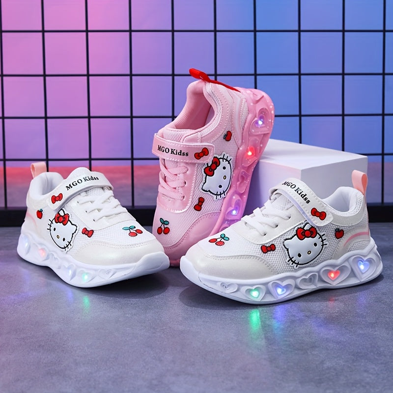 Girls' Glow-In-The-Dark Sneakers with Lights - Pink & White Kitty Design, Soft EVA Cushioned Insole & Durable PVC Sole, Breathable Mesh & Fabric