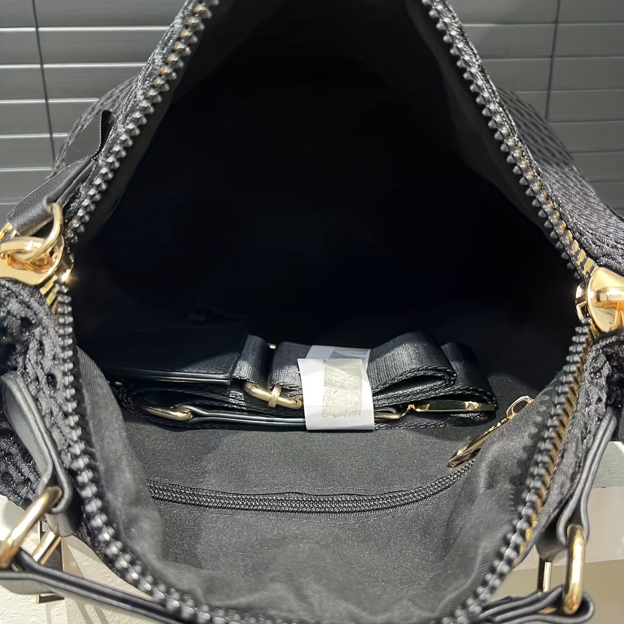 [Mesh Crossbody Bag] Lightweight Black Nylon Mesh Crossbody Bag - Chic Women's, Versatile with Wide Strap & Detachable Shoulder Strap, Zip Closure