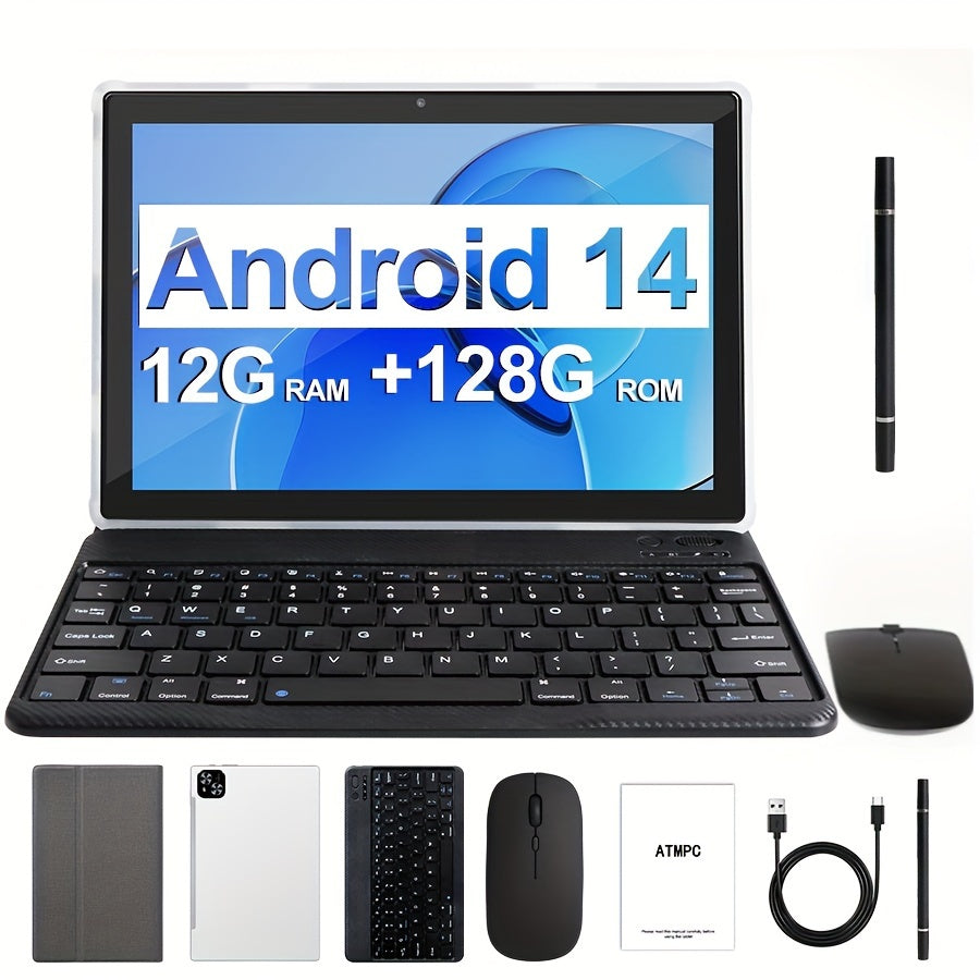 Tablet 10.1 Inch Android 14 OS Pad, 2in 1 Pad with Keyboard, Mouse, Case, Stylus without wireless function, 128GB ROM 12GB 4GB+8GB Expanded RAM, Dual Camera, Eight Core Processor, 1280 * 800 IPS High-definition Display Screen