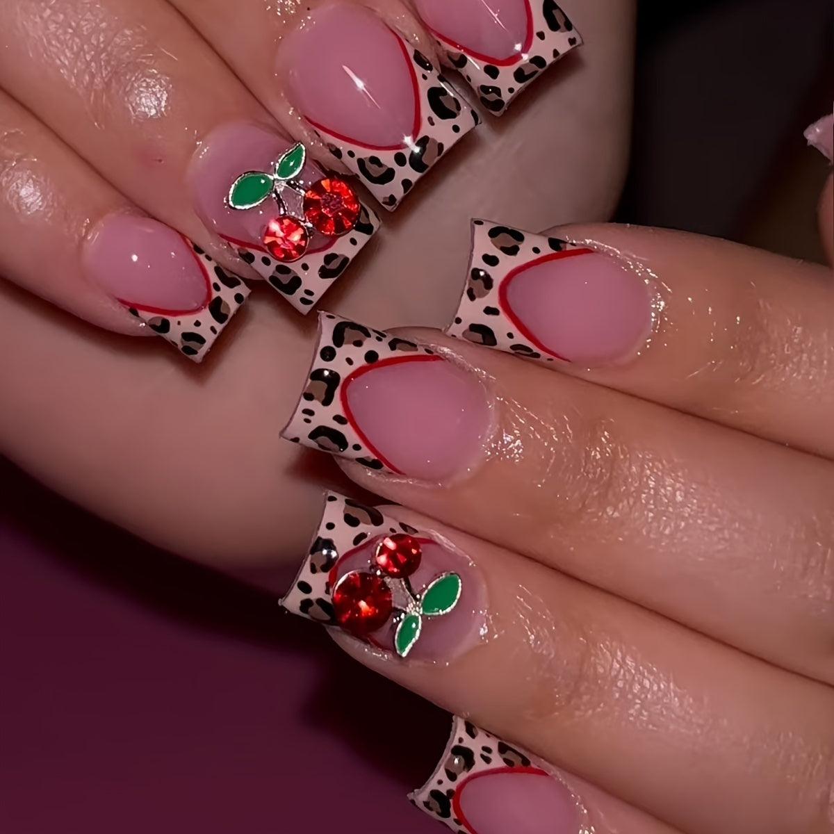 24pcs square style pressed nail pieces, French leopard print hand pasted cherry jewelry pattern design with shiny fake nails, suitable for daily wear, with jelly glue and filing strips included,  Medium Length False Nails, Ch