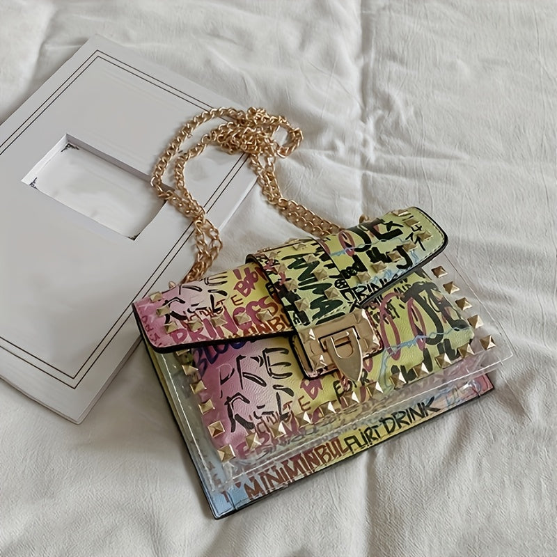 Chic Graffiti-Style Crossbody Bag, Mixed Color Transparent Shoulder Purse with Golden-Tone Hardware, Fashionable and Versatile, Secure Zip Closure, Casual Accessory|Graffiti Artistry|Goldtone Chain, Small Crossbody Bag