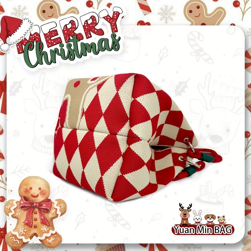 Gingerbread for Man Knitted Handbag/Festive Red & Checkered Design with Magnetic Closure, Removable Strap, and Golden Accents/Perfect Christmas Gift for Women, Holiday Accessory, Playful Design, Magnetic Closure Bag