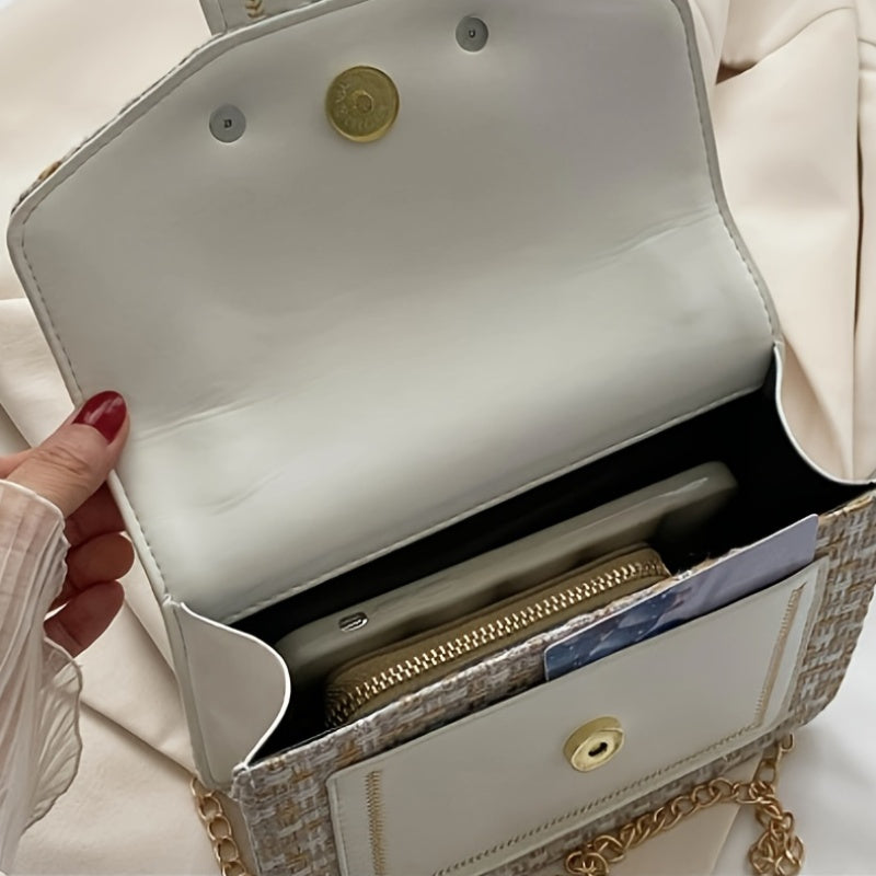 A Mini Checkered Tweed Bag with a Clasp Decoration, a Square Shoulder Bag, And a Chain Crossbody Flap Wallet, Perfect for Everyday Use.