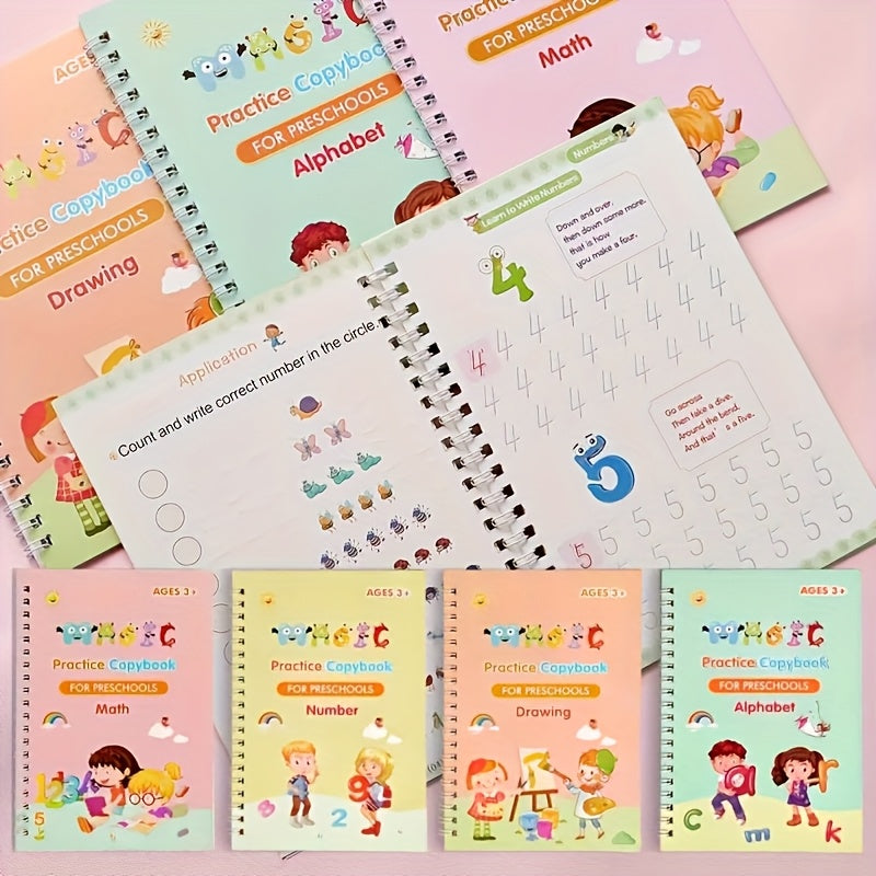 4 Books + 1 Refillable Magic Practice Book + 1 Pen + 5 Pen Refills + Erasable Stickers, Reusable, Mixed Color, Made of Paper, for Writing, Parent-Child Education, Boys and Girls