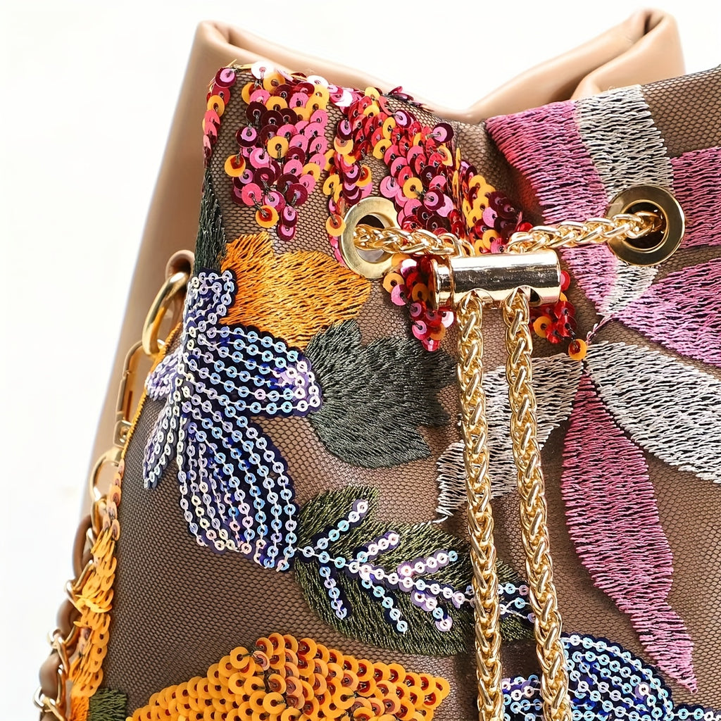 Elegant Retro Chinese Style Floral Sequin Bucket Bag for Women - Nylon Crossbody with Golden Chain Strap, Drawstring Closure, and Vibrant Purple & Red Patchwork Design, Ladies Bag