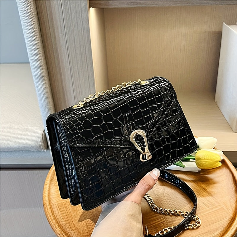 Pink Snake Print Crossbody BagFor Women, Stylish Women's Crocodile Pattern Handbag - Black Shoulder Bag With Detachable Strap Golden-Tone Hardware & Chain Strap, Crossbody Bag Purse Christmas Bags For Gifts Christmas Gift Bag