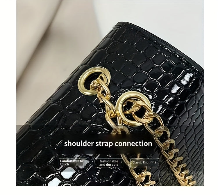 Pink Snake Print Crossbody BagFor Women, Stylish Women's Crocodile Pattern Handbag - Black Shoulder Bag With Detachable Strap Golden-Tone Hardware & Chain Strap, Crossbody Bag Purse Christmas Bags For Gifts Christmas Gift Bag
