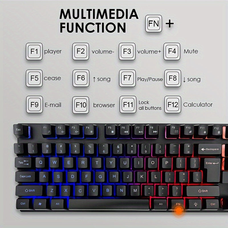 [Rainbow Backlit Gaming Set] Rainbow Backlit Wired Gaming Keyboard and Mouse Set | 19-Key Rollover, Adjustable Brightness, 2 Lighting Modes, Ergonomic Design, Hotkeys, Media Keys, USB Powered, No Battery, for Home Entertainme