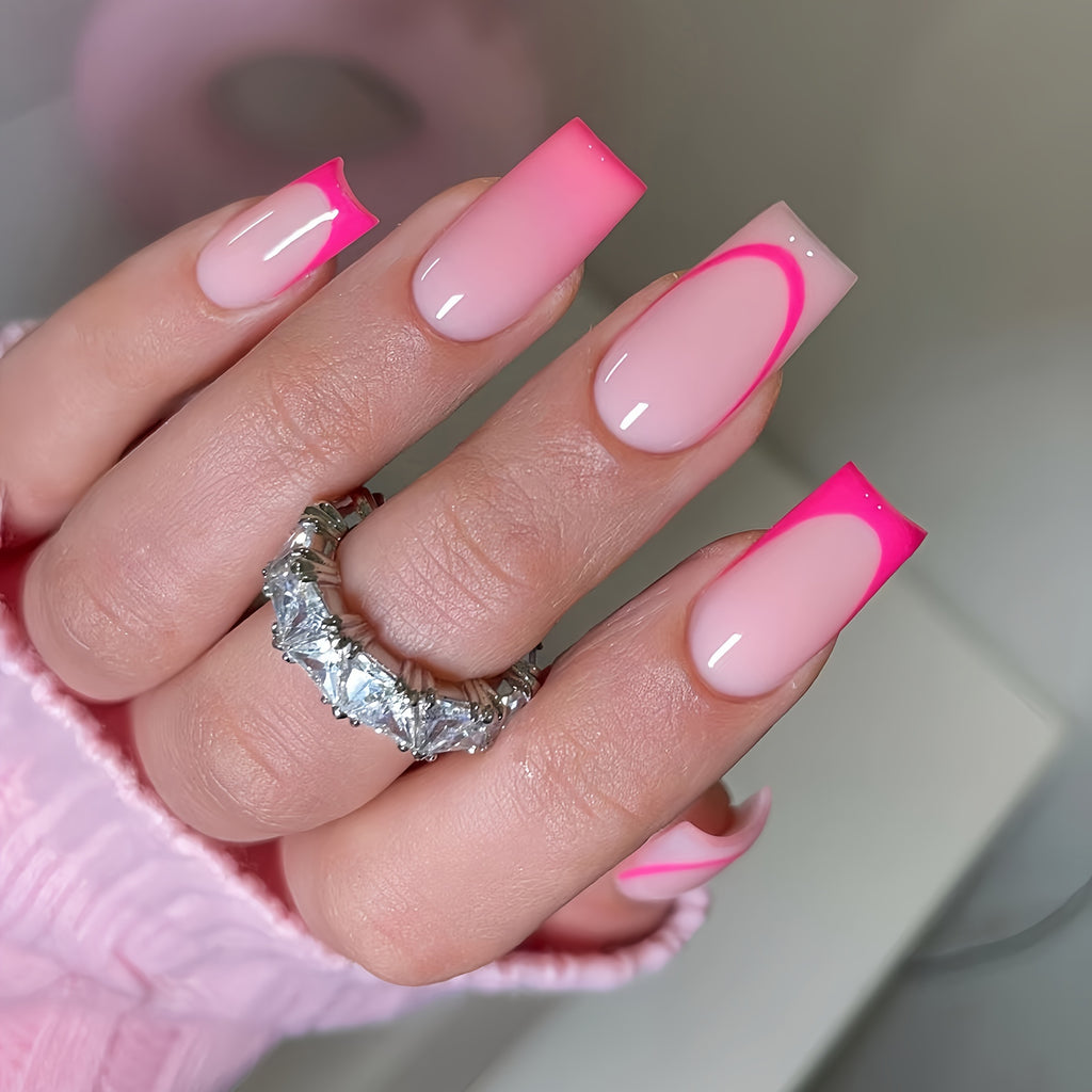 24pcs Pink Square Medium Length Press-On Nails with Glossy French Gradient Design, Fashionable Sweet Simple Style, Removable for All Women and Girls, Includes 1 Gel and 1 Nail File