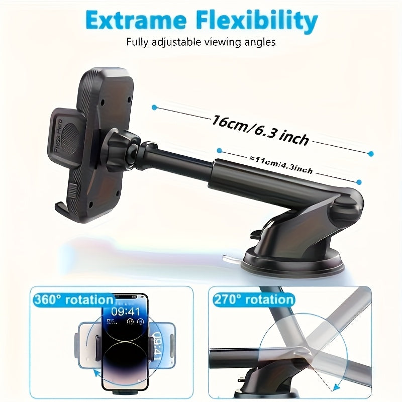 360-Degree Rotation, 270-Degree Head Rotation, Suction Cup Dashboard Mount, Soft PVC Car Phone Holder - a Universal 2-In-1 Smartphone Clamp for Vehicle Navigation.