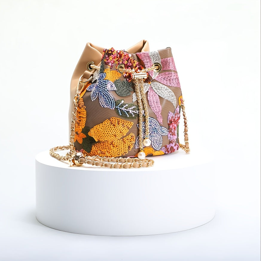 Elegant Retro Chinese Style Floral Sequin Bucket Bag for Women - Nylon Crossbody with Golden Chain Strap, Drawstring Closure, and Vibrant Purple & Red Patchwork Design, Ladies Bag