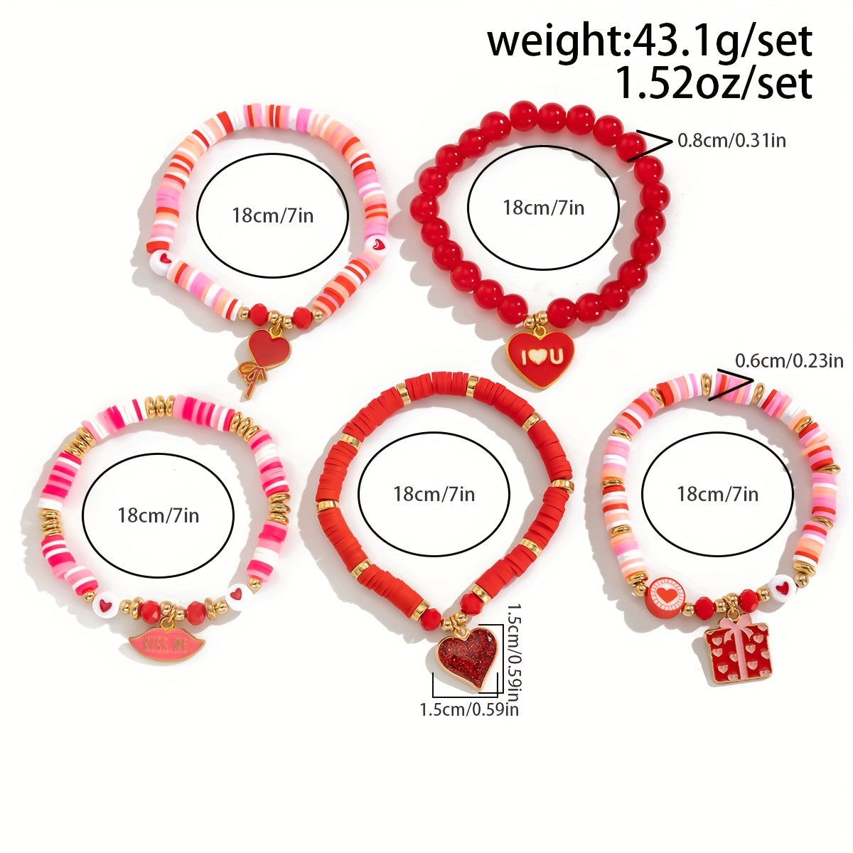 5pcs Valentine's Day Soft Clay Bead & Heart Charm Bracelets Compatible for Couples - Elastic Stretch Beads, Love Token Gift, Everyday (No Metal, Year-Round Wear)