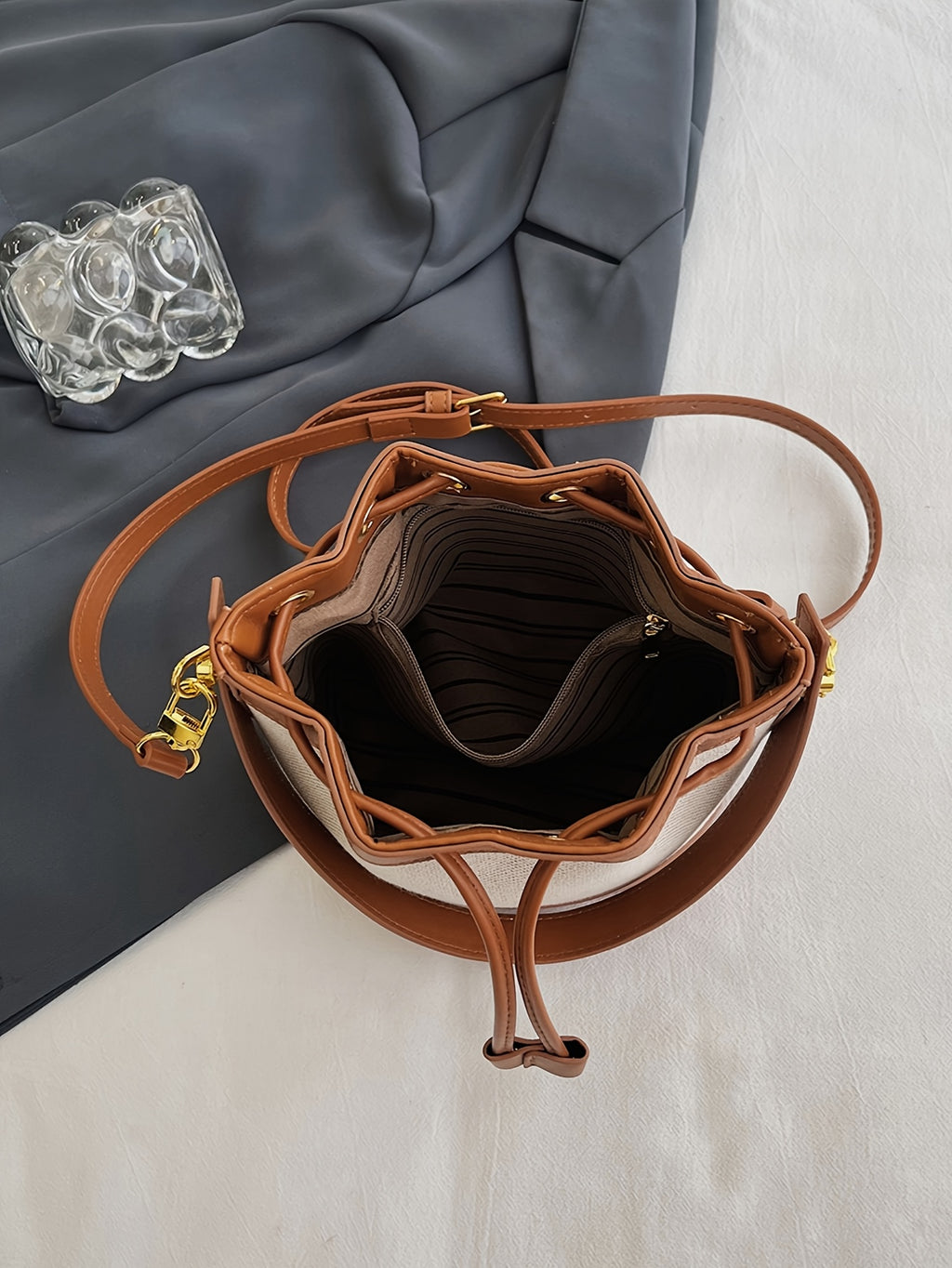 Wo 's Bucket Bag with Braided Rope Closure - Beige & Brown Casual Handbag, Detachable Strap for Shoulder   or Hand Carry, Spacious Everyday Tote for Work & Outings