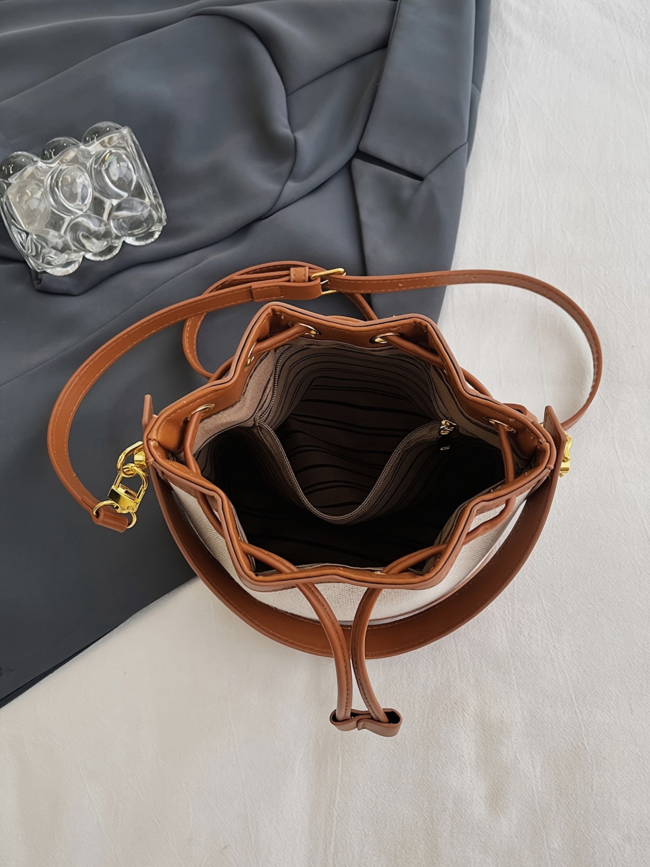 Wo 's Bucket Bag with Braided Rope Closure - Beige & Brown Casual Handbag, Detachable Strap for Shoulder   or Hand Carry, Spacious Everyday Tote for Work & Outings