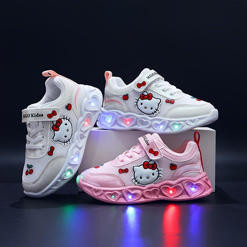 Girls' Glow-In-The-Dark Sneakers with Lights - Pink & White Kitty Design, Soft EVA Cushioned Insole & Durable PVC Sole, Breathable Mesh & Fabric