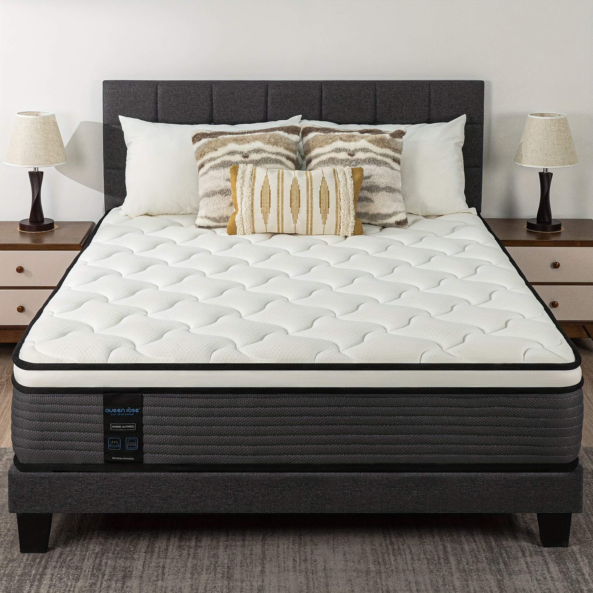 QUEEN ROSE 12 Inch Hybrid Mattress in a Box with Gel Memory Foam & Individually Wrapped Pocket Coils - Medium Soft Feel, Motion Isolation, Edge Support, Cooling Breathable European Cover, Twin/Full/Queen/King Sizes, White & B