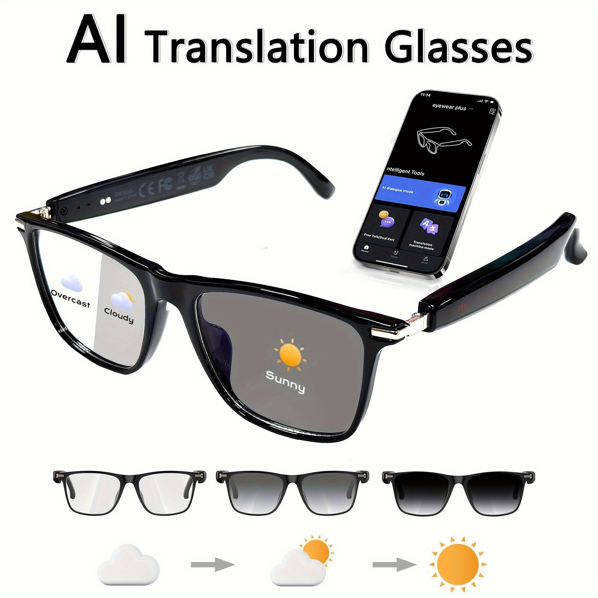 OICIIDO AI Smart Glasses, New Multifunctional Audio Glasses for Men and Women, Support Real-Time Translation for 160+ Languages and Video Translation, Equipped with Chat GPT System, Built-In Microphone and Speaker, HD Voice C
