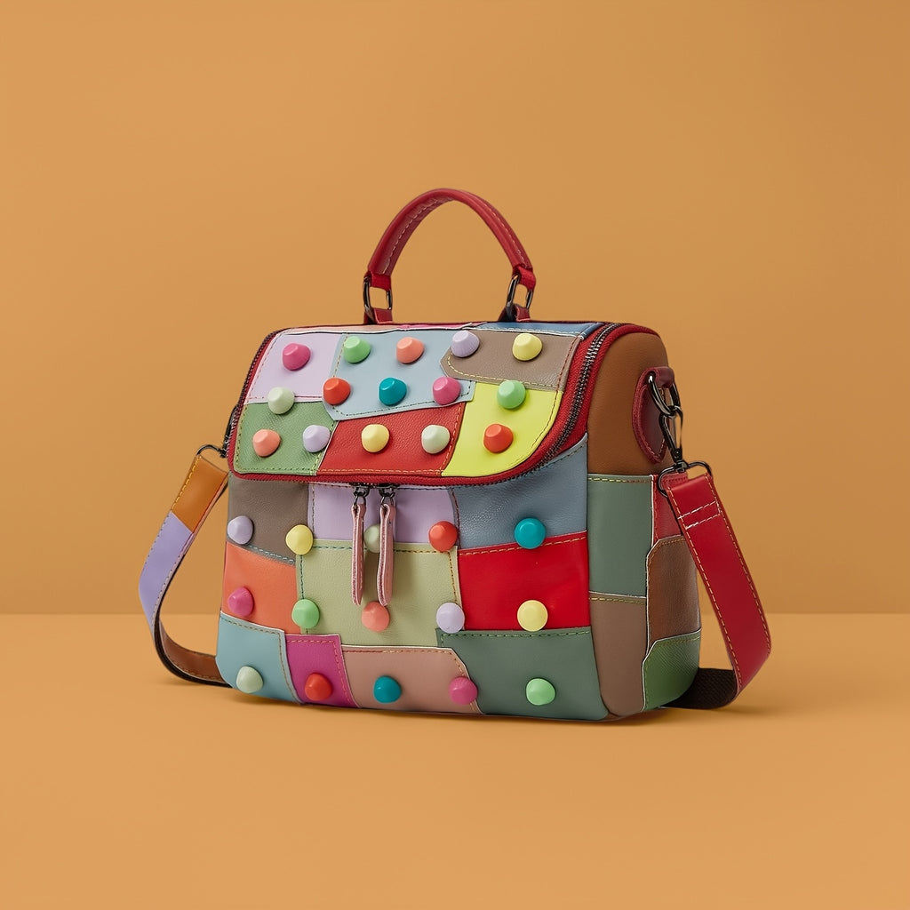 [Geometric Crossbody Bag] Light Brown Geometric Women's Crossbody Bag | Detachable Strap, Multi-Color Irregular Design, Zipper Closure, Spacious Tote with Back Pocket & Rivet Accents, Polyester Lining for Daily Commute & Casu