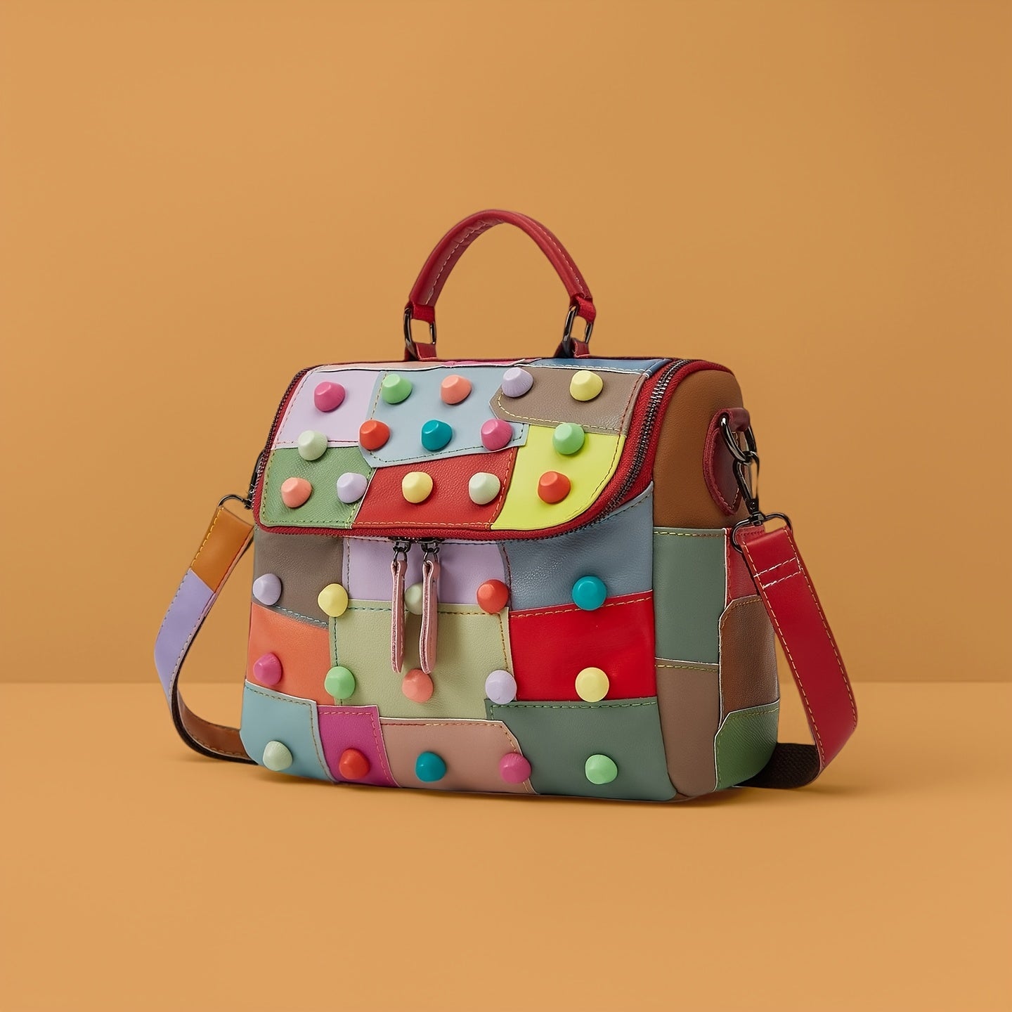 [Geometric Crossbody Bag] Light Brown Geometric Women's Crossbody Bag | Detachable Strap, Multi-Color Irregular Design, Zipper Closure, Spacious Tote with Back Pocket & Rivet Accents, Polyester Lining for Daily Commute & Casu